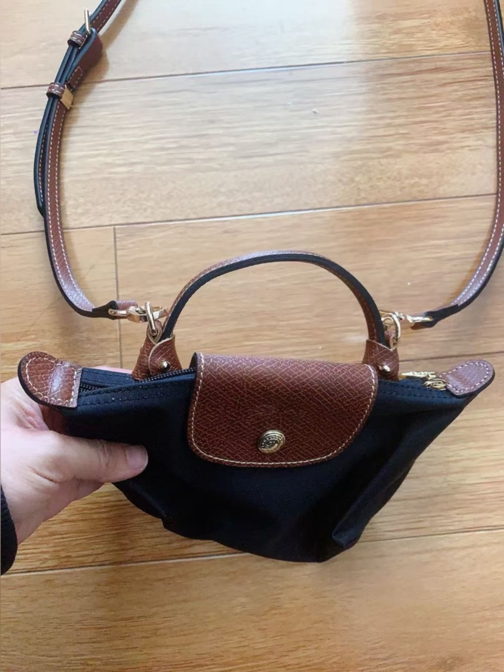 Le Pliage Original Classic Mini Pouch black color Cosmetics Case with strap - Picture 12 of 13
